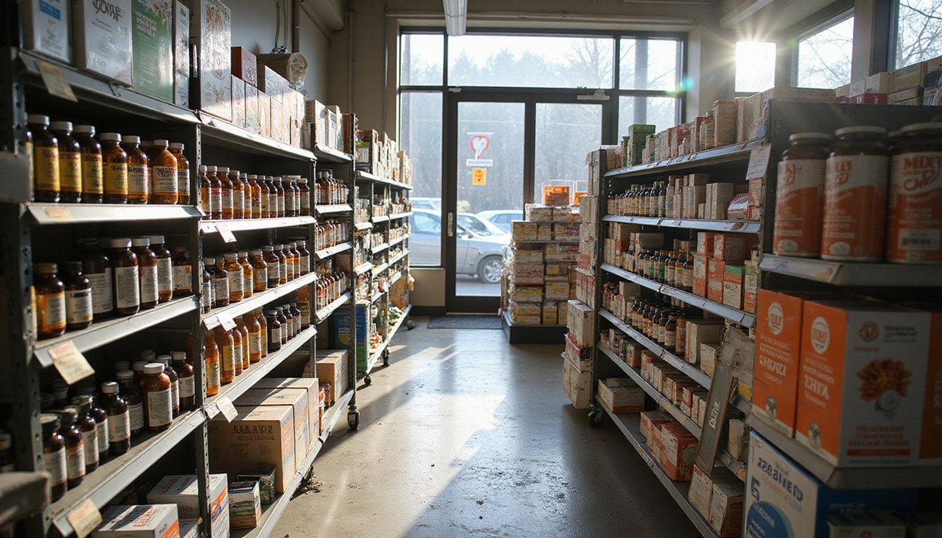 A pharmacy interior showcasing organized shelves of vitamins and supplements. A pharmacy interior showcasing organized shelves of vitamins and supplements.
